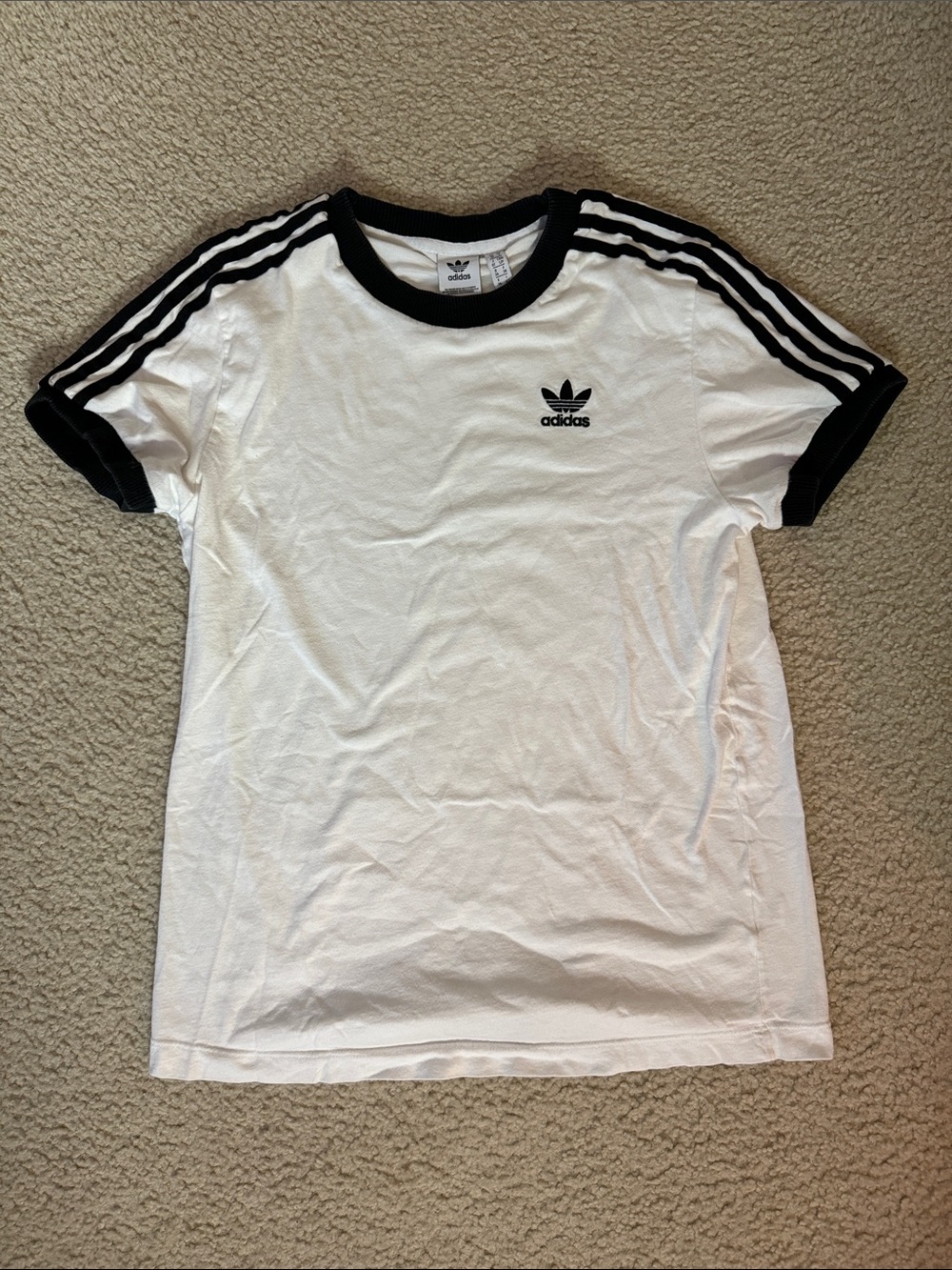 Adidas White Tee with Black Trim and Three Stripes